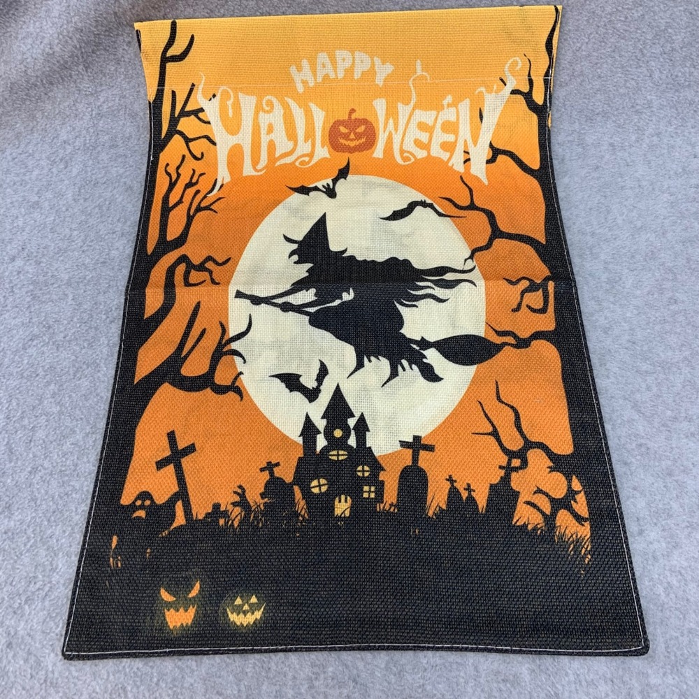 Witch Flying Over Moon Halloween Orange Garden Flag Spooky Decor NWOT 12x18